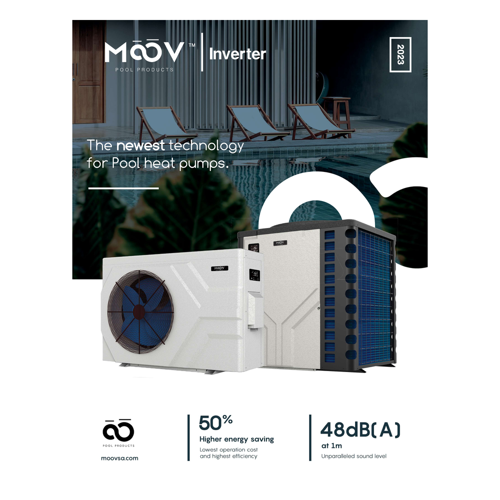 Moov Inverter Variable-Speed Pool Heat Pump official brochure showing under-100k and over-100k BTU cabinets
