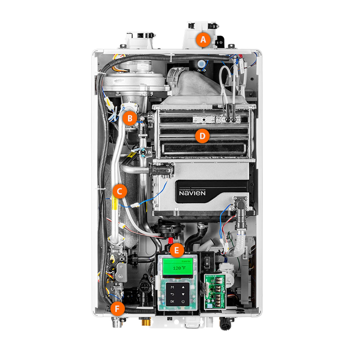Navien NPE-240A2 open cabinet interior view showing built-in recirculation pump and buffer tank