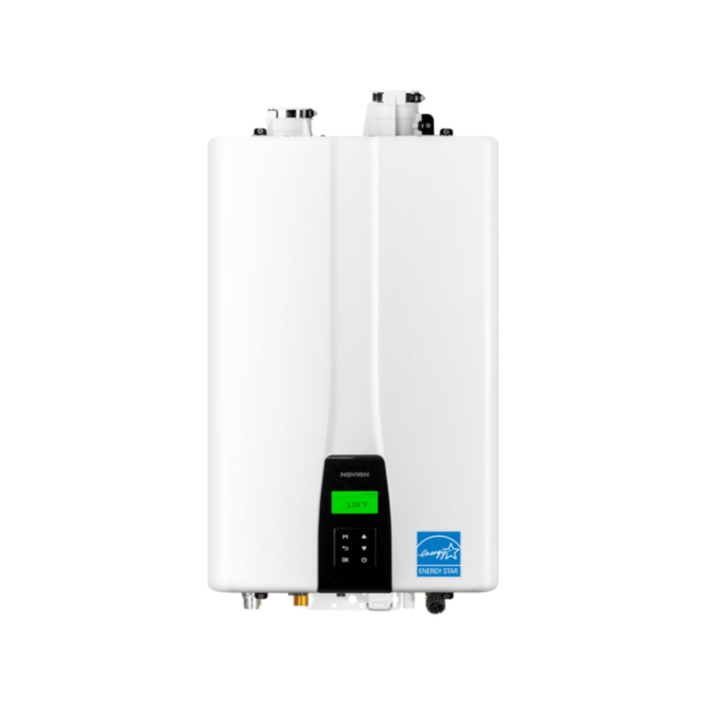 Navien NPE-240S2 Condensing Tankless Water Heater 3/4 perspective view showing wall mounting bracket and slim profile
