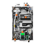 Navien NPE-240S2 Tankless Water Heater open cabinet interior view showing dual stainless steel condensing heat exchangers and burner assembly