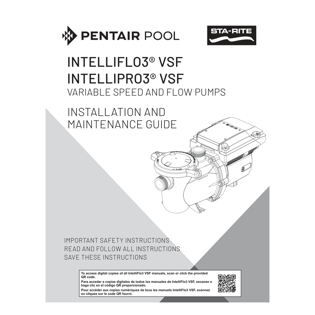 Pentair IntelliFlo3 VSF 3.0 HP Variable Speed Pool Pump official installation manual