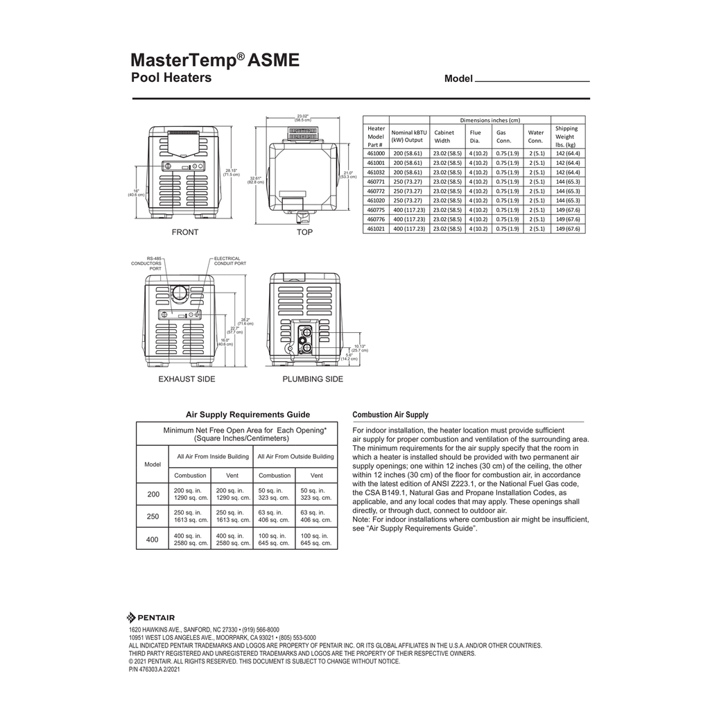Pentair MasterTemp Pool Heater dimensional line drawing, piping connections, and electrical clearances