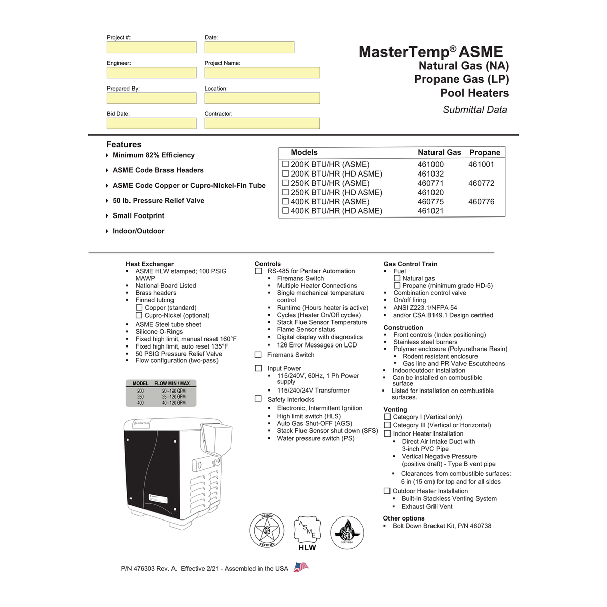 Pentair MasterTemp High-Performance Gas Pool Heater official engineering submittal and technical data sheet