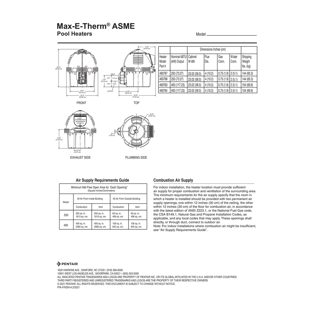 Pentair Sta-Rite Max-E-Therm Pool Heater engineering dimensional schematic and clearance guidelines