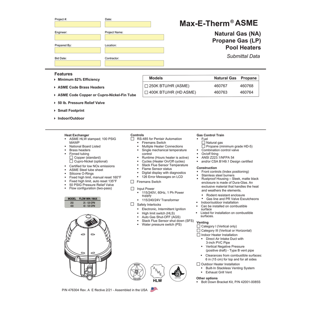 Pentair Sta-Rite Max-E-Therm Gas Pool Heater official engineering submittal data sheet