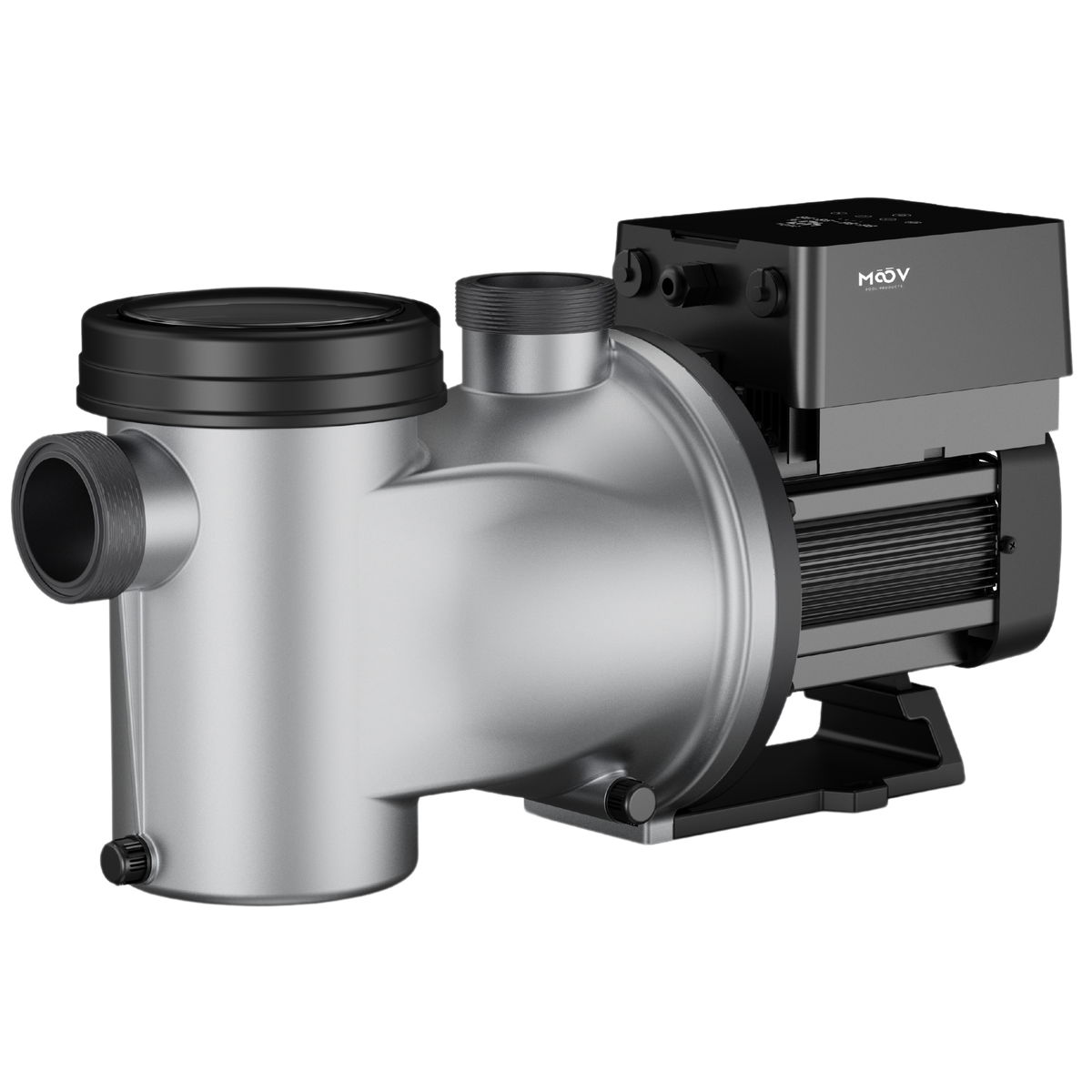 Moov Ai inverter variable-speed pool pump, silver pump body with black motor and control box