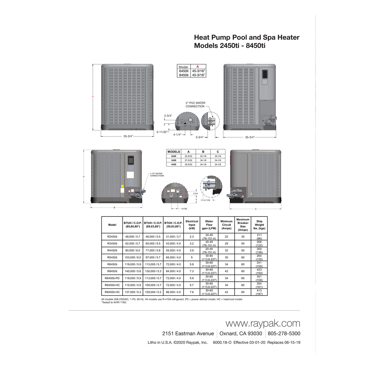 Raypak Digital Pool Heater engineering specifications, model dimensions, and gas connection table
