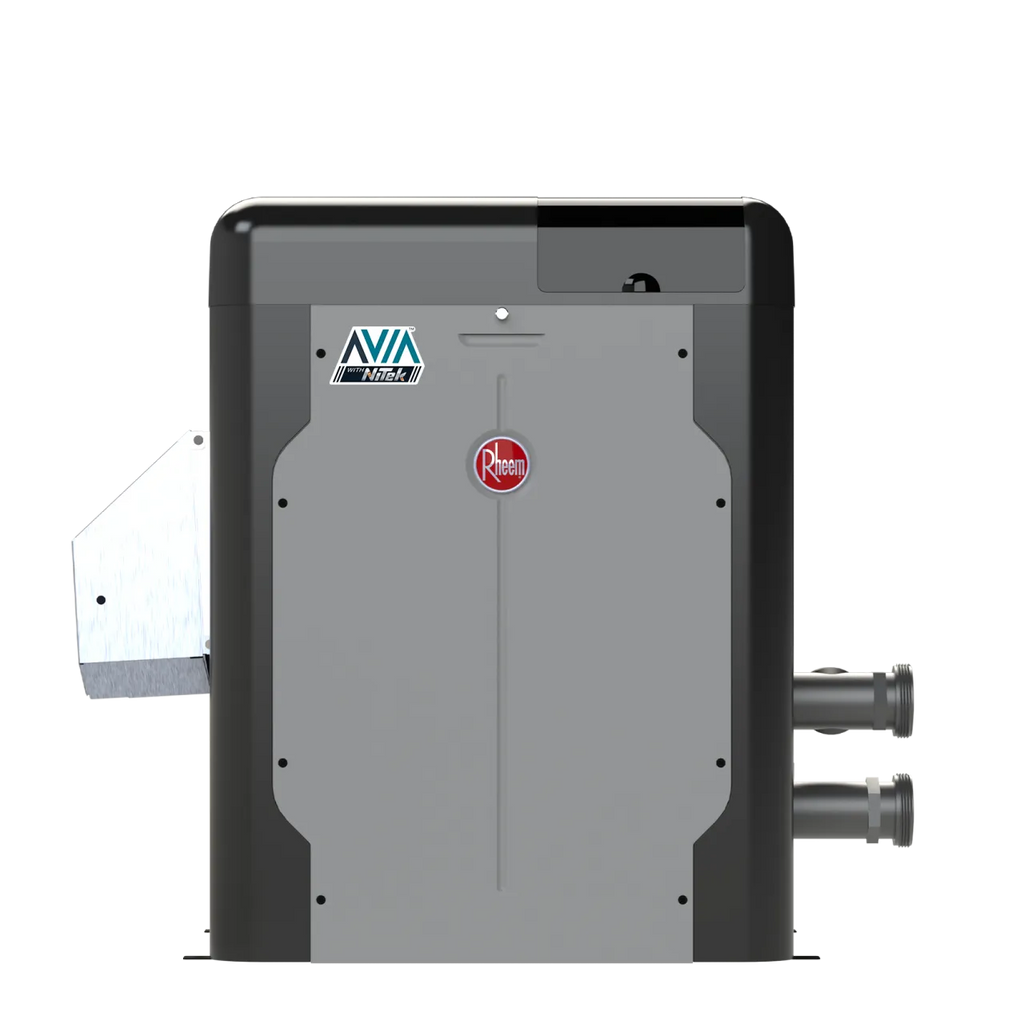 Rheem AVIA HD NiTek low-NOx gas pool heater in cool dark gray metallic finish with heavy-duty nickel-alloy heat exchanger and smart digital controls on transparent background