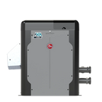 Rheem AVIA HD NiTek low-NOx gas pool heater in cool dark gray metallic finish with heavy-duty nickel-alloy heat exchanger and smart digital controls on transparent background