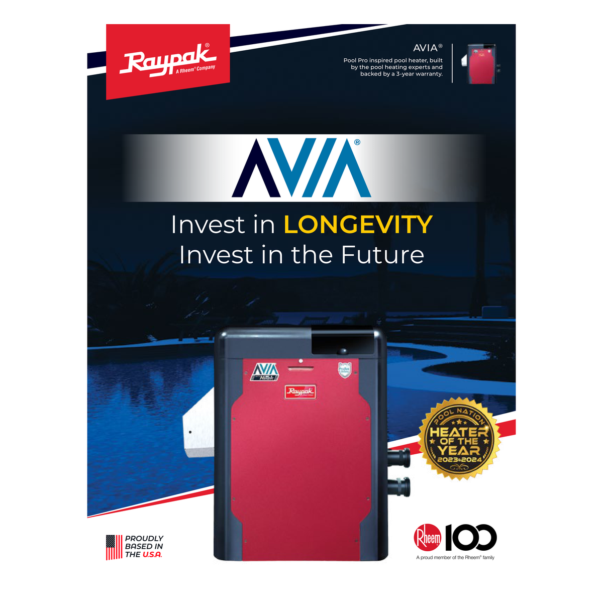 Rheem AVIA HD NiTek Gas Pool Heater official brochure and smart automation features