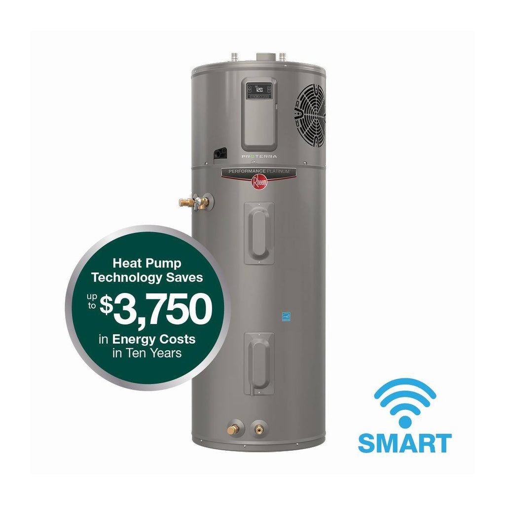 Rheem ProTerra Hybrid Electric Heat Pump Water Heater with LeakGuard front view on pure white canvas